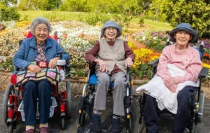 花畑を背景に、車椅子に乗った入居者たちが笑顔で過ごす外出・レクリエーション風景